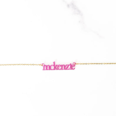 Acrylic Nameplate Necklace | Pink Glitter