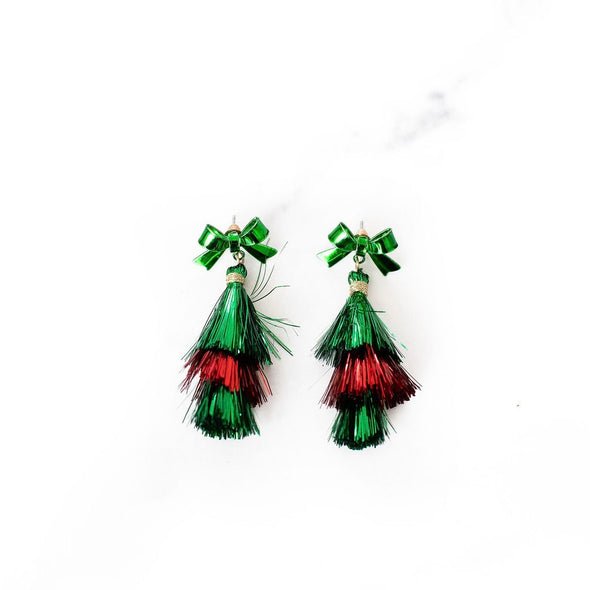 Green Bow Tassel Earrings