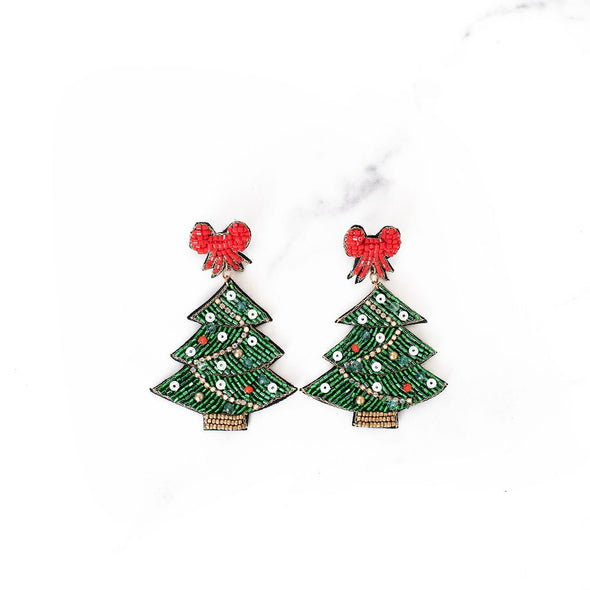 Red Bow Christmas Tree Beaded Earrings