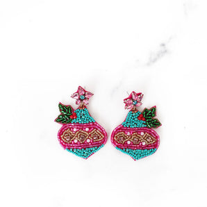 Turquoise and Pink Ornament Beaded Earrings