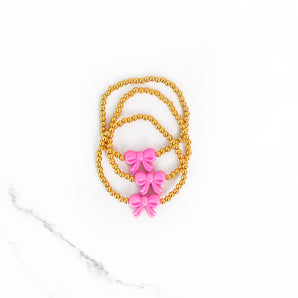 Hot Pink Bow Gold Beaded Bracelet