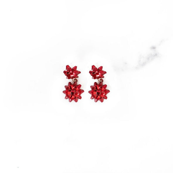 Metallic Drop Bow Earrings | Red