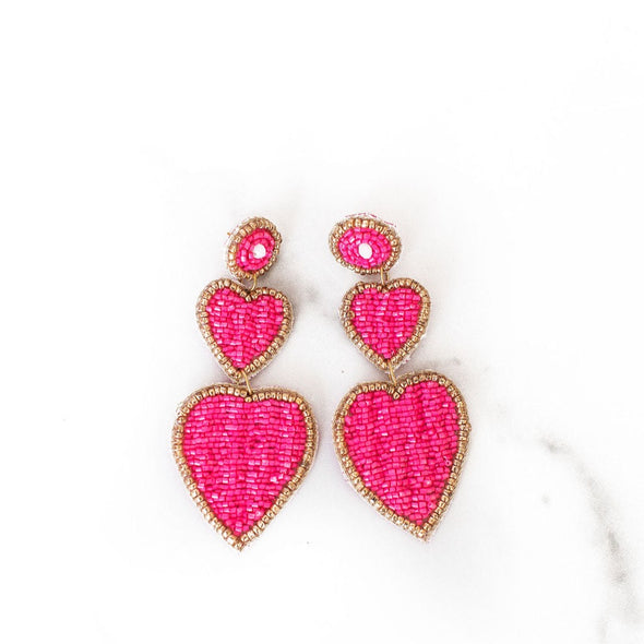 Double Tiered Pink Heart Beaded Earrings