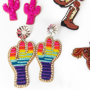 Rainbow Beaded Cactus Earrings