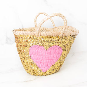 GOLD All-Sequin Beach Bag with PINK Heart | Mini