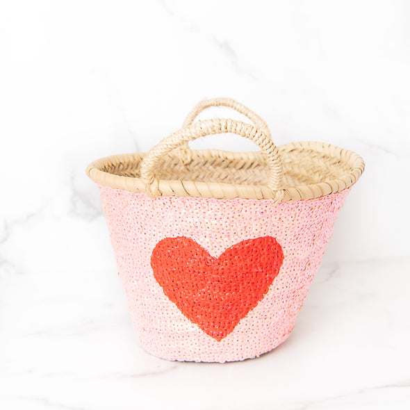PINK All-Sequin Beach Bag with RED Heart | Mini