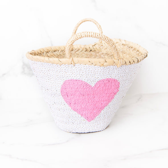 WHITE All-Sequin Beach Bag with PINK Heart | Mini