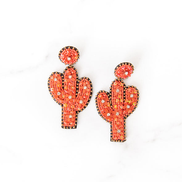 Beaded Coral Cactus Earrings