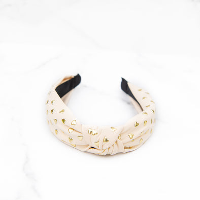 Ivory Headband with Gold Hearts