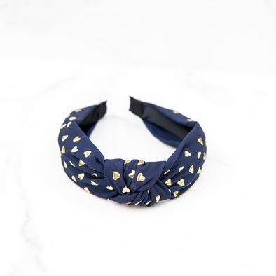 Navy Blue Headband with Gold Hearts
