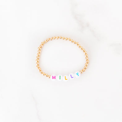 Personalized 4 mm Gold Beaded Rainbow Letter Bracelet