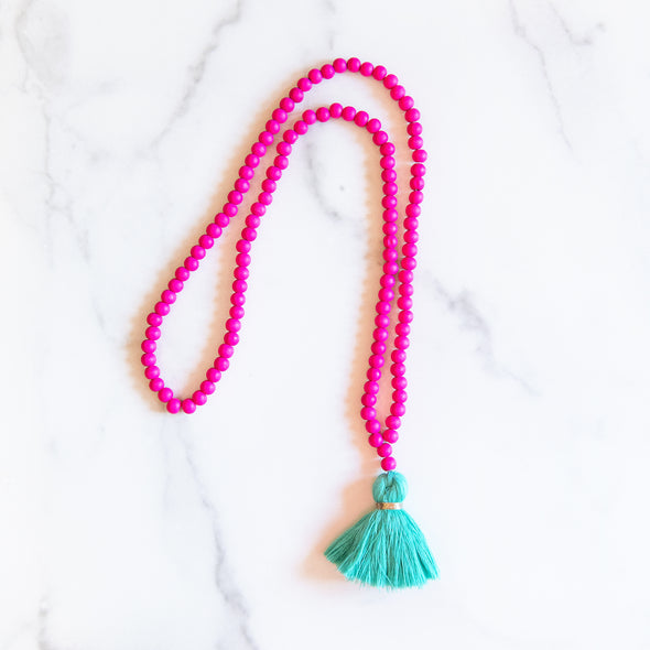 Hot Pink and Turquoise Tassel Necklace