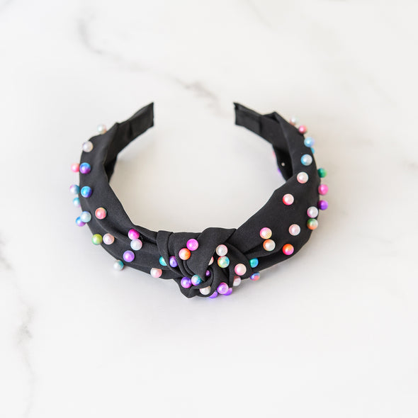 Black Headband with Rainbow Ombre Pearls