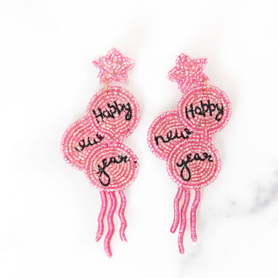Happy New Year Pink Beaded Earrings