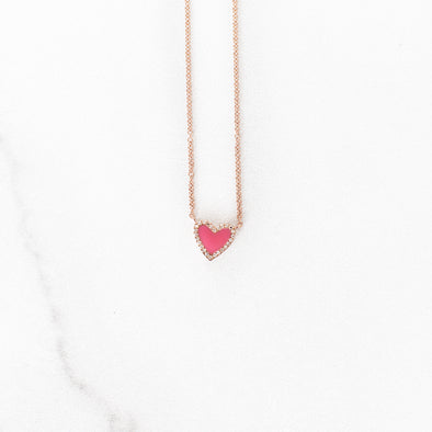 Pink Enamel Diamond Heart Necklace | 14-Karat
