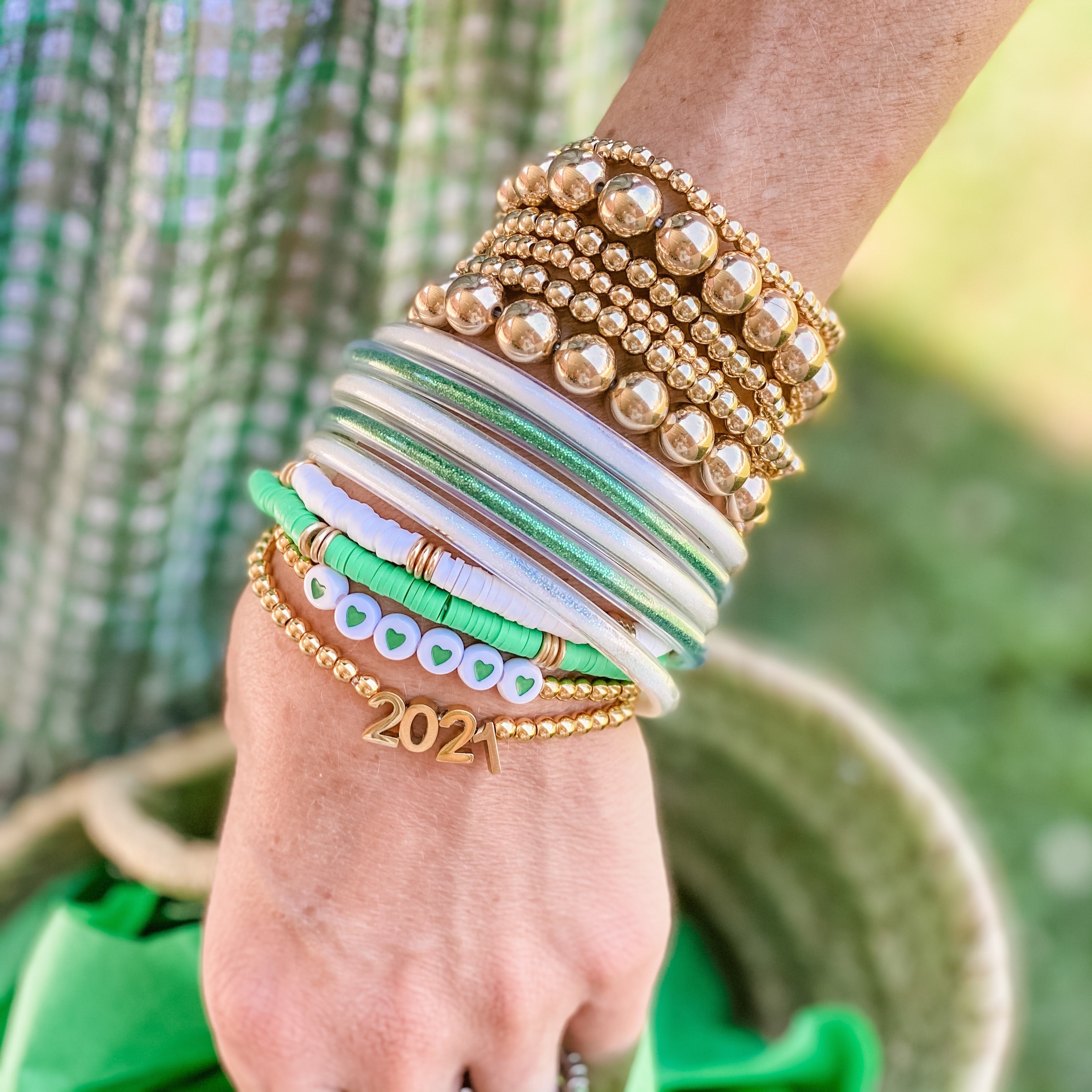 Buy Jai Guruji Crystal Green Beads Four Layer & White Pearl Bracelet –  satvikstore.in