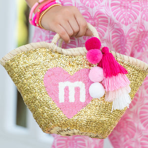 GOLD All-Sequin Beach Bag with PINK Heart | Mini