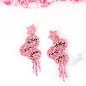 Happy New Year Pink Beaded Earrings