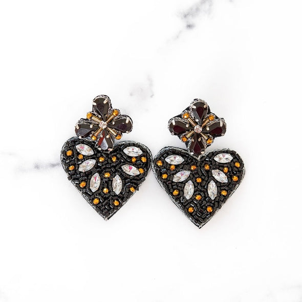Jeweled Black Heart Earrings