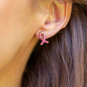 Pink Awareness Ribbon Stud Earrings