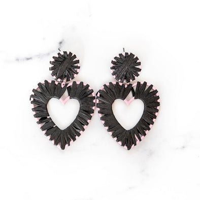Black Raffia Heart Earrings