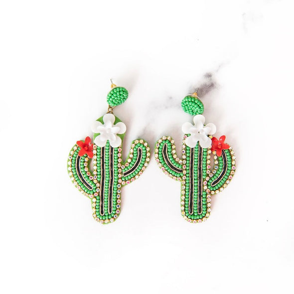 Flowering Cactus Beaded Earrings | Green