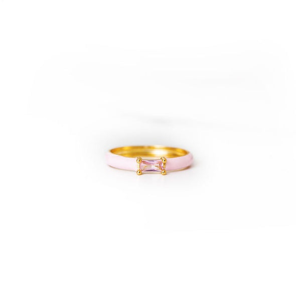 Enamel Ring with Baguette Gem | Light Pink