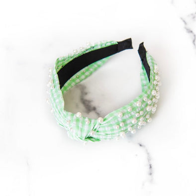 Green Seersucker Pearl Headband