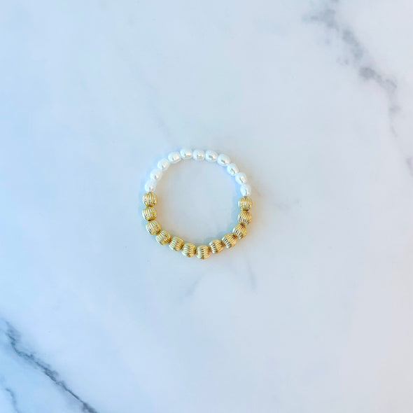 Baroque Pearl and Gold Beaded Stainless Steel Bracelet