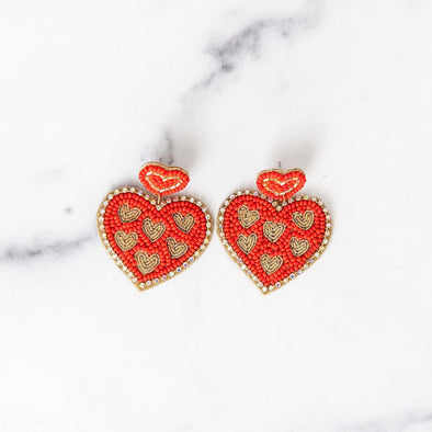 Red & Gold Hearts Beaded Earrings
