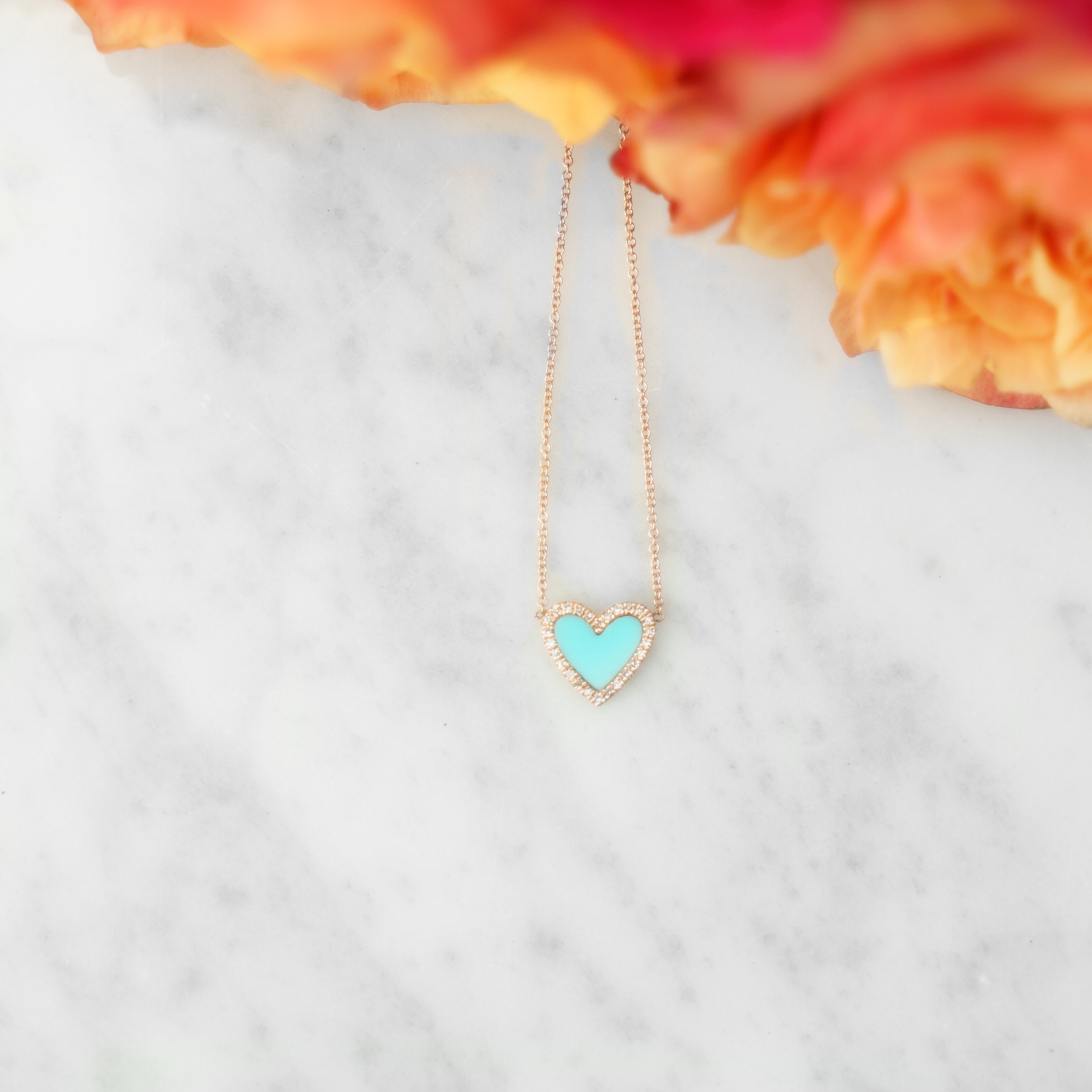 Diamond & Turquoise Inlay Heart Yellow Gold Necklace