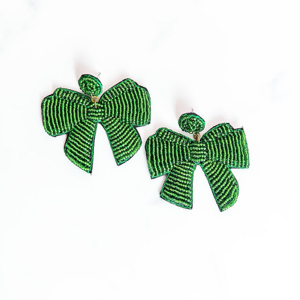 Green Bow Beaded Earrings
